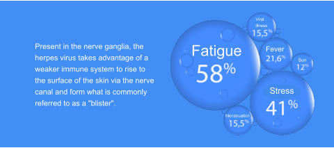 Viral illness Stress  Fatigue Fever Menstruation Sun Present in the nerve ganglia, the herpes virus takes advantage of a weaker immune system to rise to the surface of the skin via the nerve canal and form what is commonly referred to as a "blister".